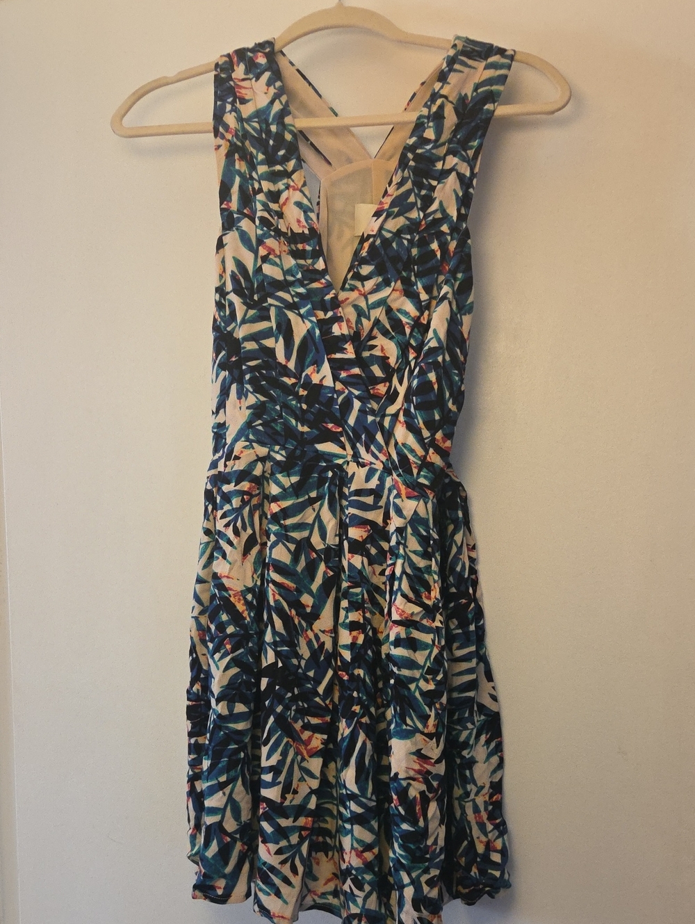 Greylin Blue, Teal & White Leaf-Print Faux Wrap Mini Dress
